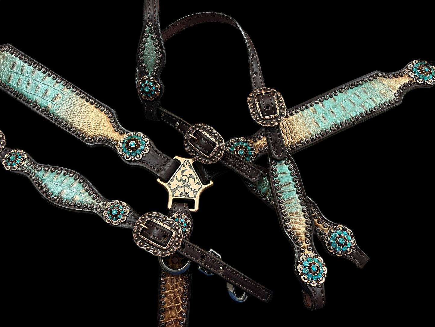 Brown and teal gator on dark leather