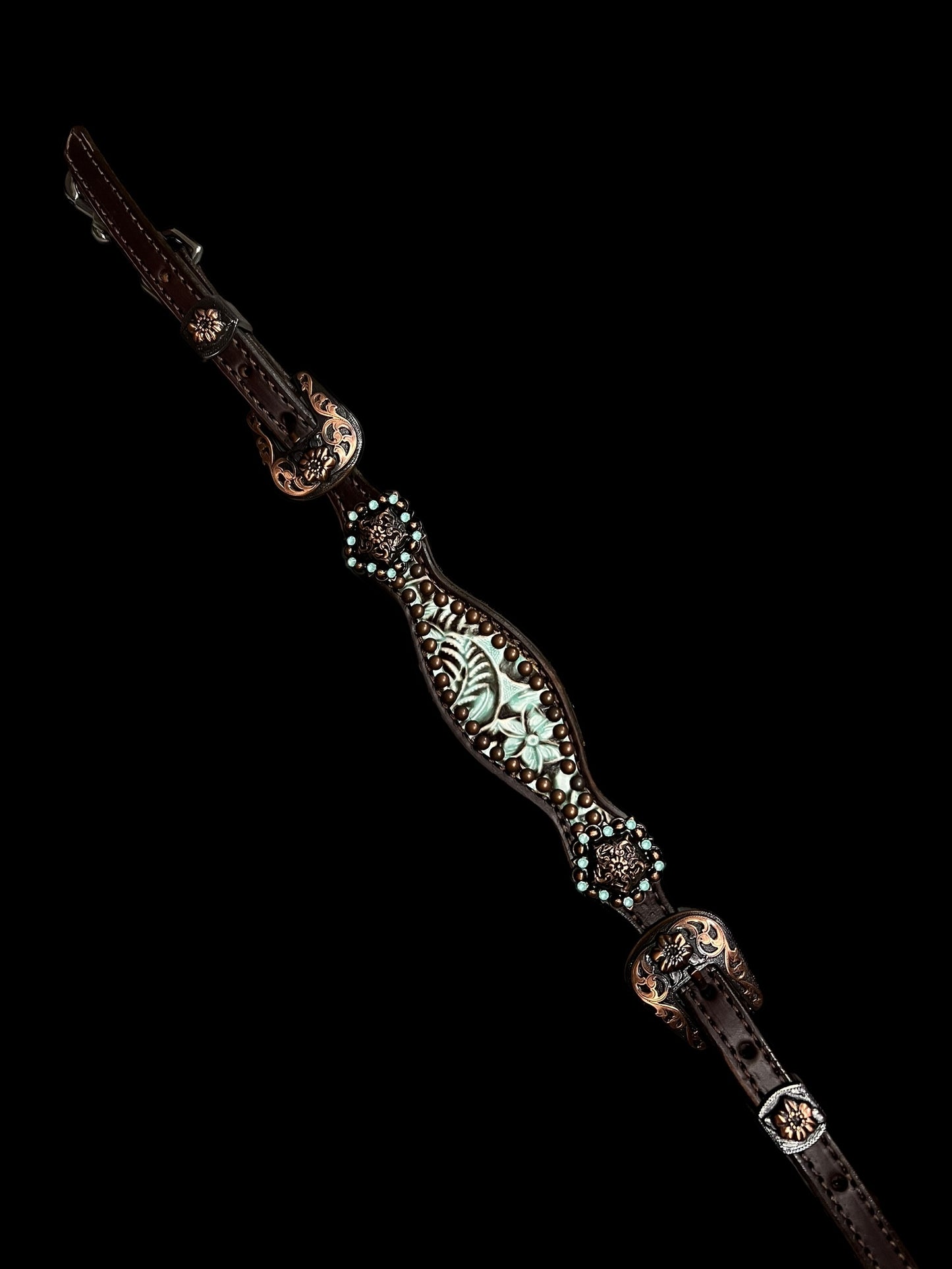 Brown and mint floral on dark leather
