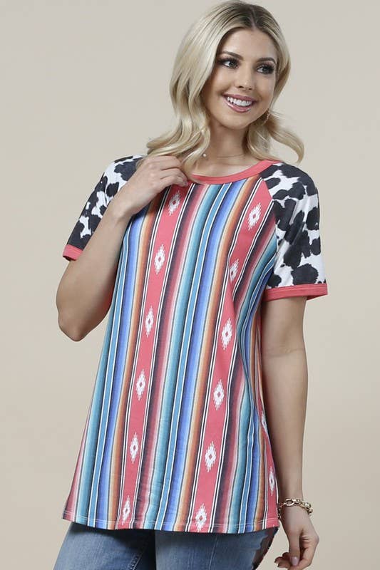BECCA AZTEC/COW PRINT SHORT SLEEVE TOP