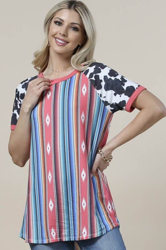 BECCA AZTEC/COW PRINT SHORT SLEEVE TOP