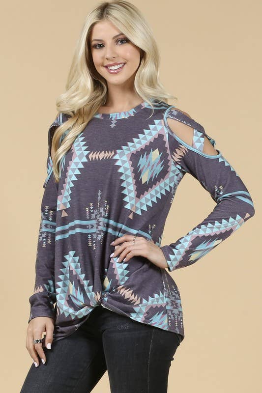 HEIDI Aztec print cold shoulder side twist knit top