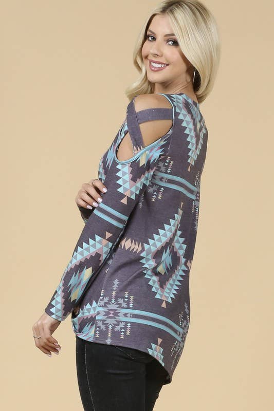 HEIDI Aztec print cold shoulder side twist knit top