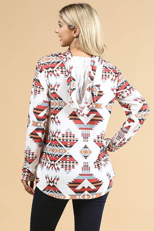 LAUREN AZTEC PRINT ULTRA SOFT HACCI HOODIE: MUSTARD