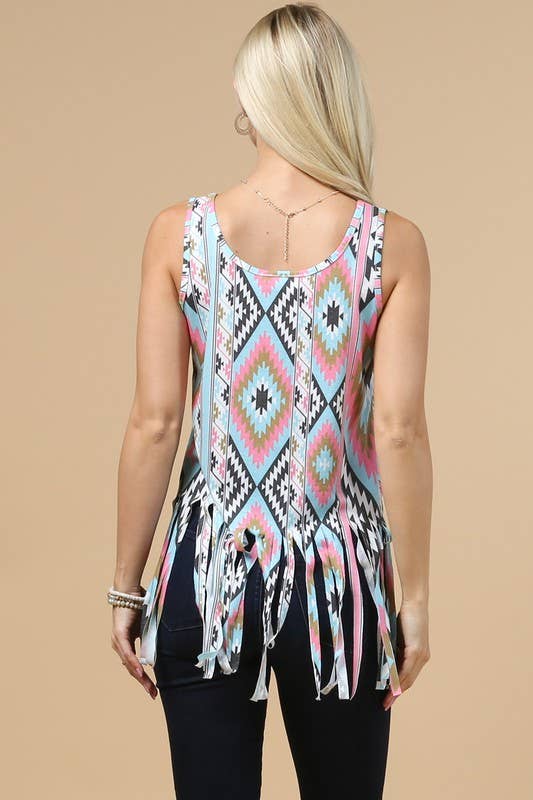 DAKOTA AZTEC PRINT FRINGES SLEEVELESS TOP