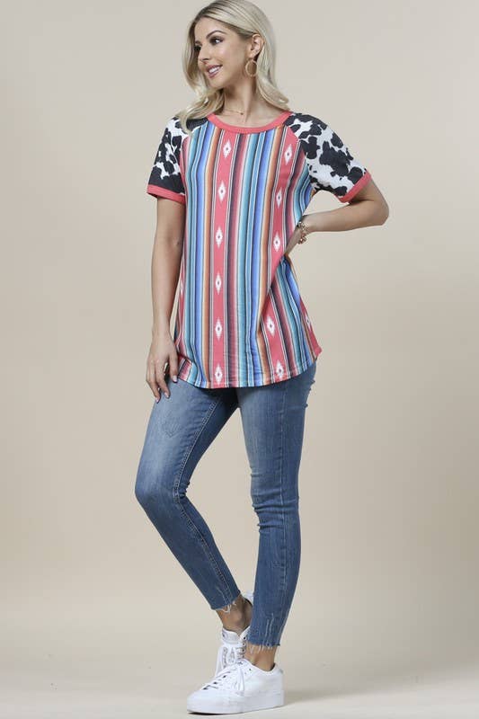 BECCA AZTEC/COW PRINT SHORT SLEEVE TOP