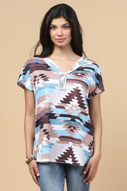 LEXY AZTEC PRINT BUTTON DETAIL V NECK THERMAL TOP