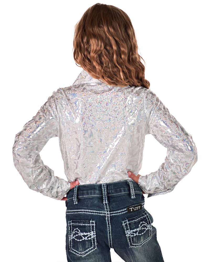 Girls White & Silver Iridescent Metallic Stretch Lightweight Pullover Button Up