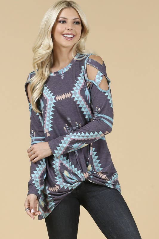 HEIDI Aztec print cold shoulder side twist knit top