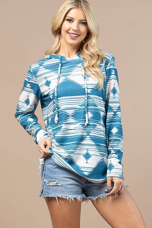 FINLEY GEO PRINT ULTRA SOFT HACCI HOODIE: TURQUOISE