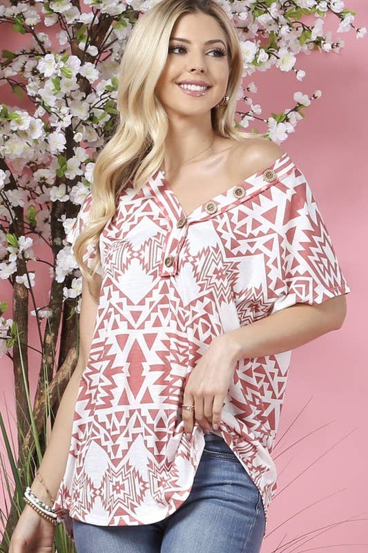 WILLA GEO PRINT BUTTON DOWN DETAIL V NECK KNIT TOP