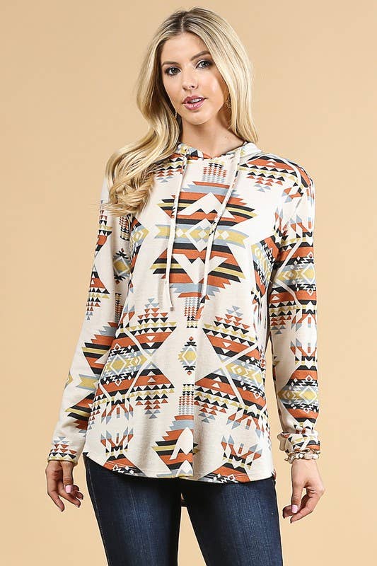 LAUREN AZTEC PRINT ULTRA SOFT HACCI HOODIE: MUSTARD