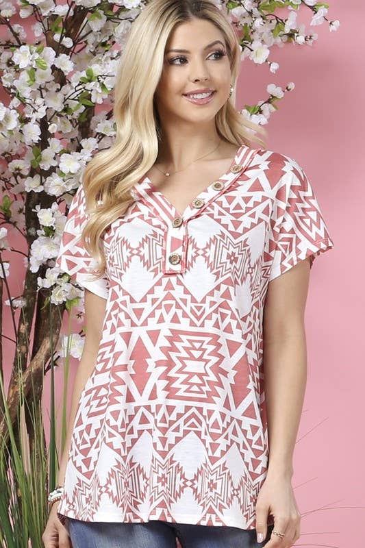 WILLA GEO PRINT BUTTON DOWN DETAIL V NECK KNIT TOP