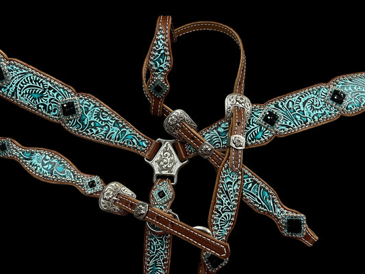 Teal and black floral on medium leather