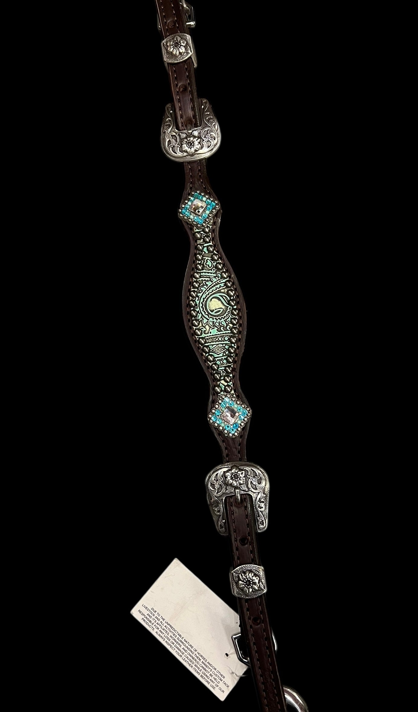 Turquoise and mint paisley on dark leather