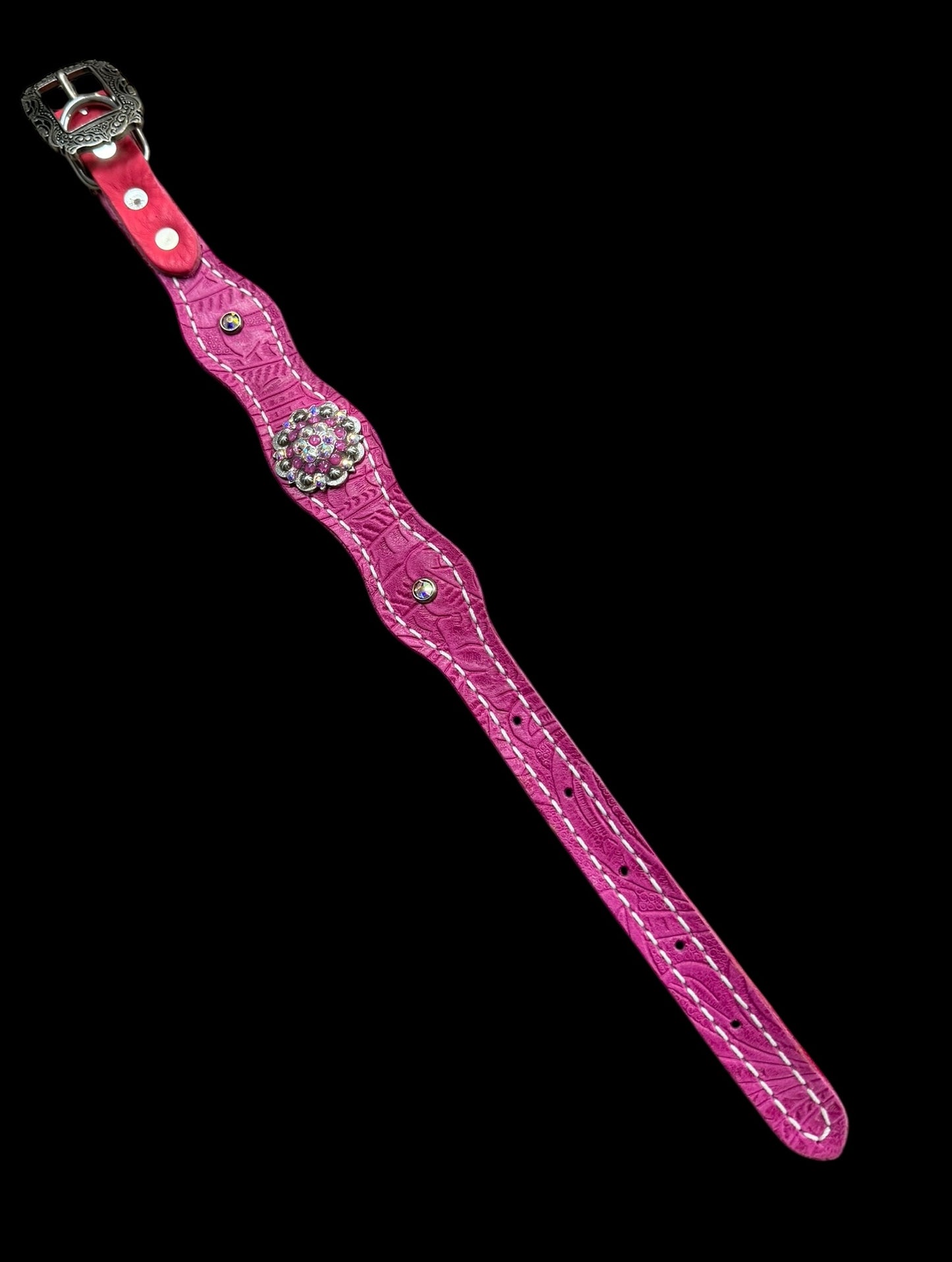 Pink Dallas Floral on walnut leather