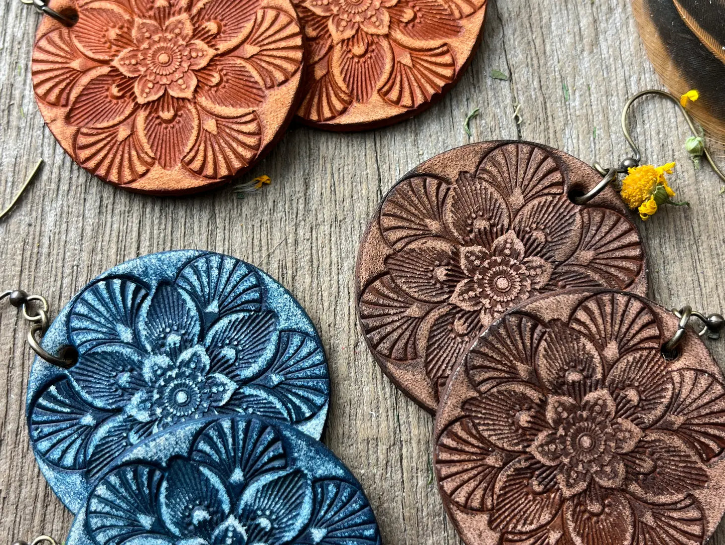 Hand Tooled Leather Mandala Earrings