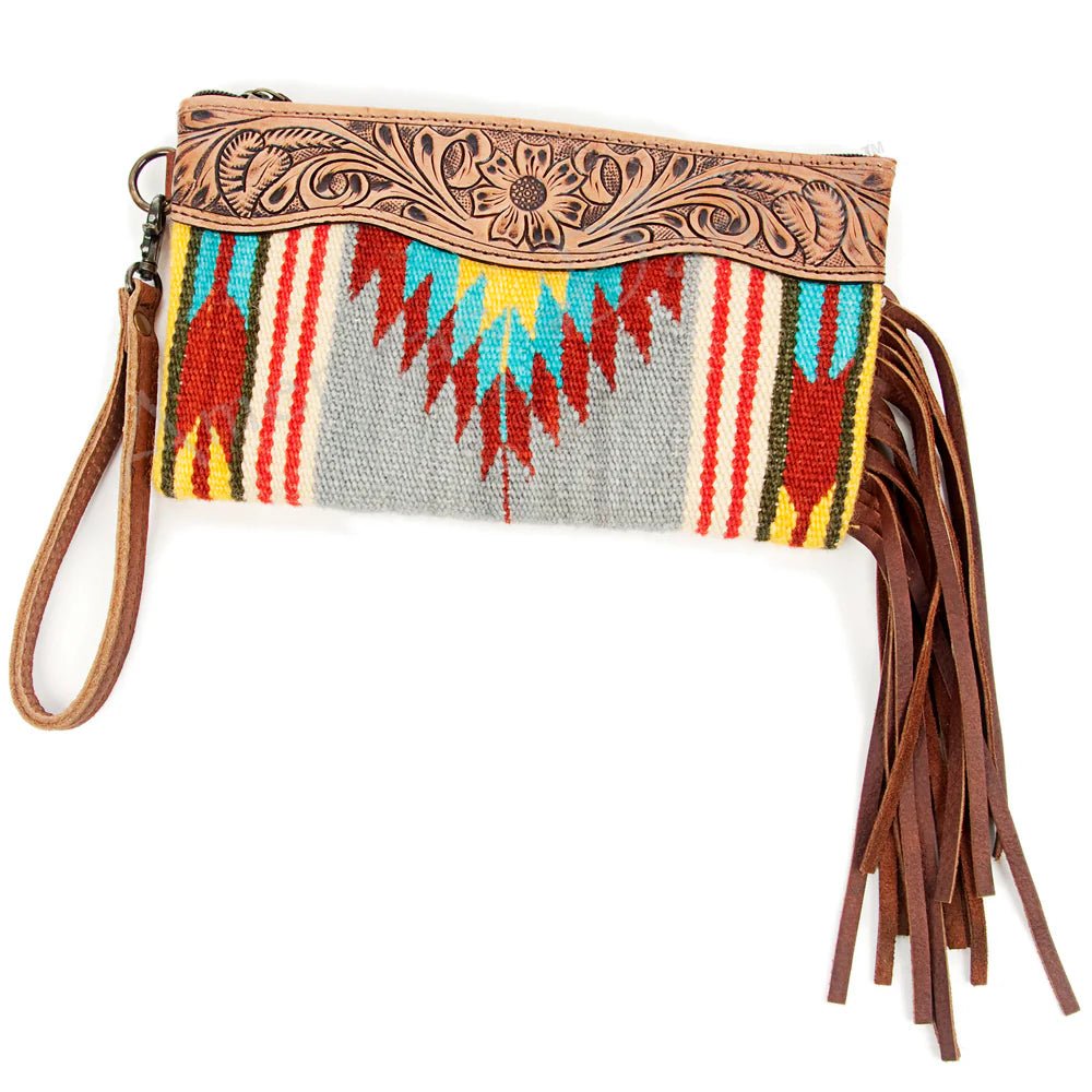 ADBG344D11 American Darling Western Leather Wristlet Bag with Hand Tooled Floral Carving and Saddle Blanket