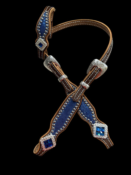Blue on walnut leather