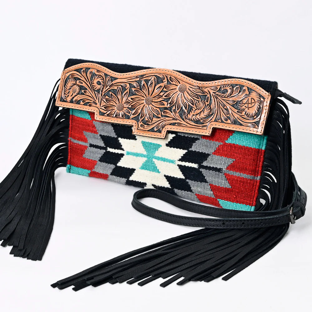 ADBG1128B American Darling Tooled Leather & Saddle Blanket Crossbody -Western Fringe Purse