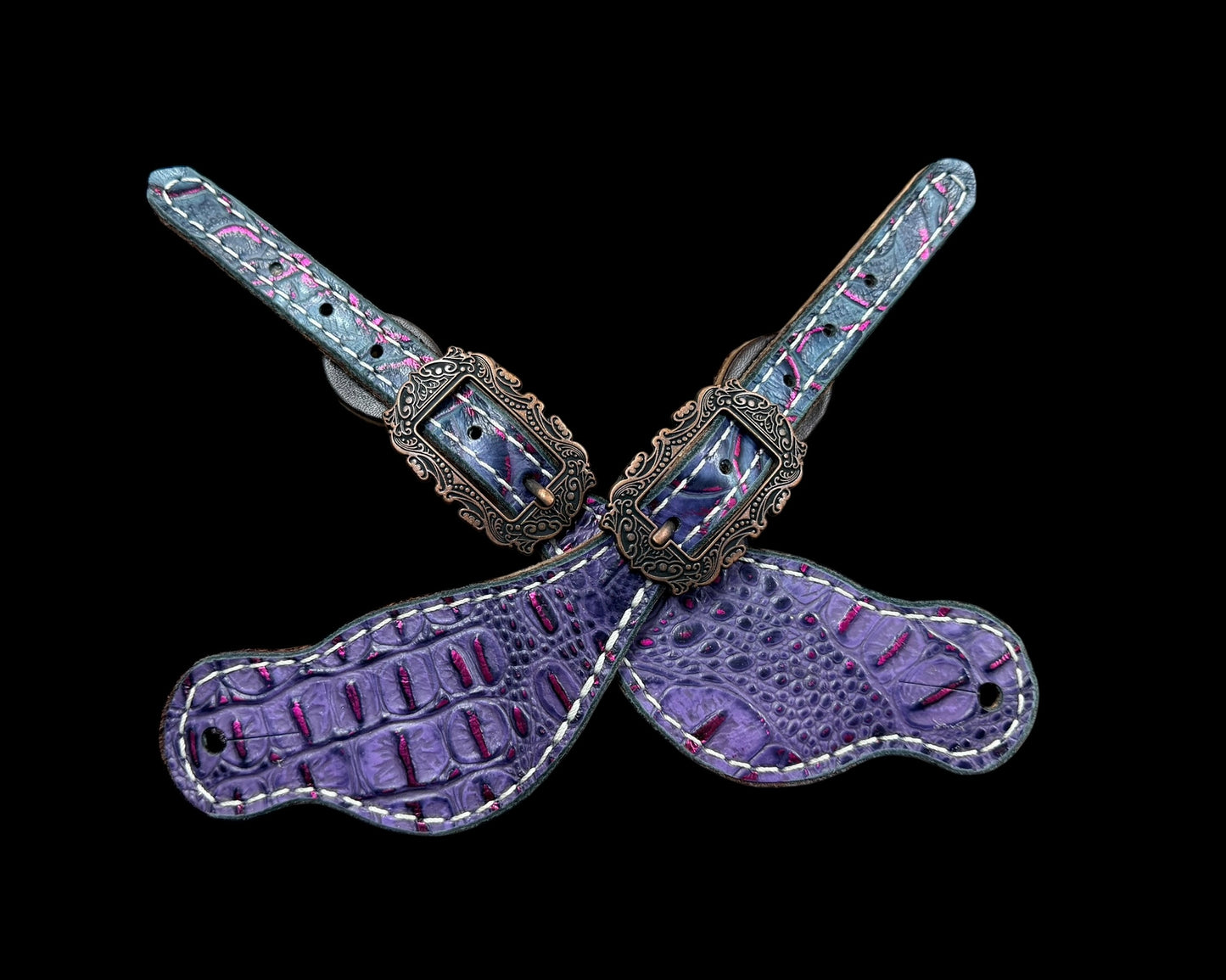 Purple and teal with pink gator and floral on dark leather