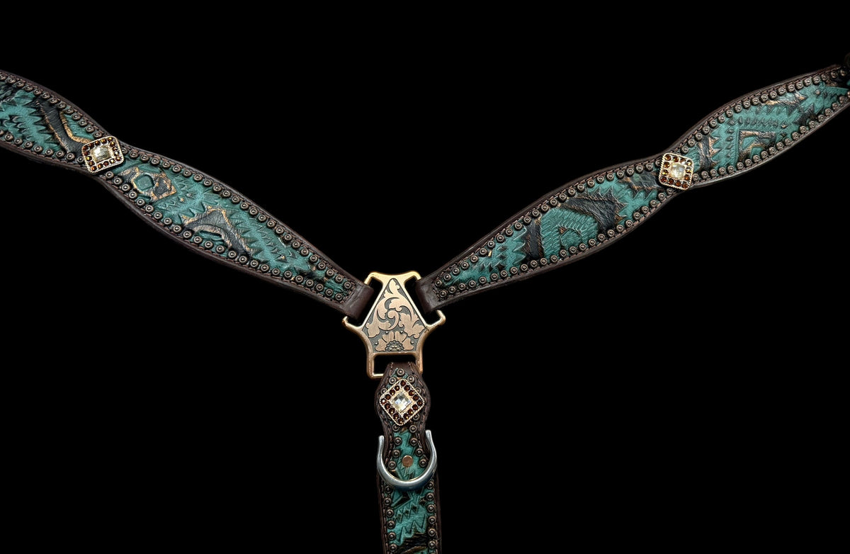 Teal and brown aztec on dark leather
