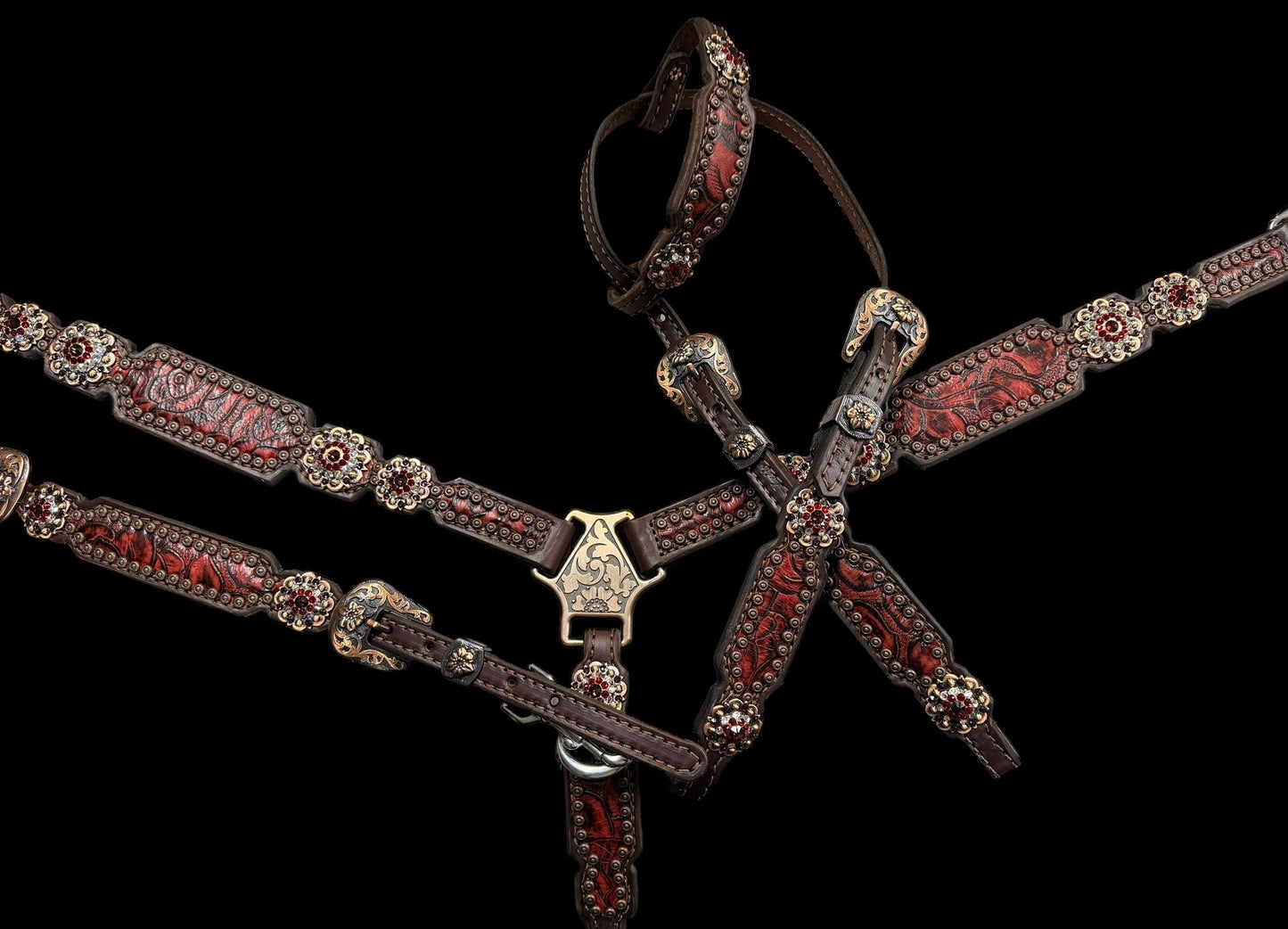 Red roses on dark leather