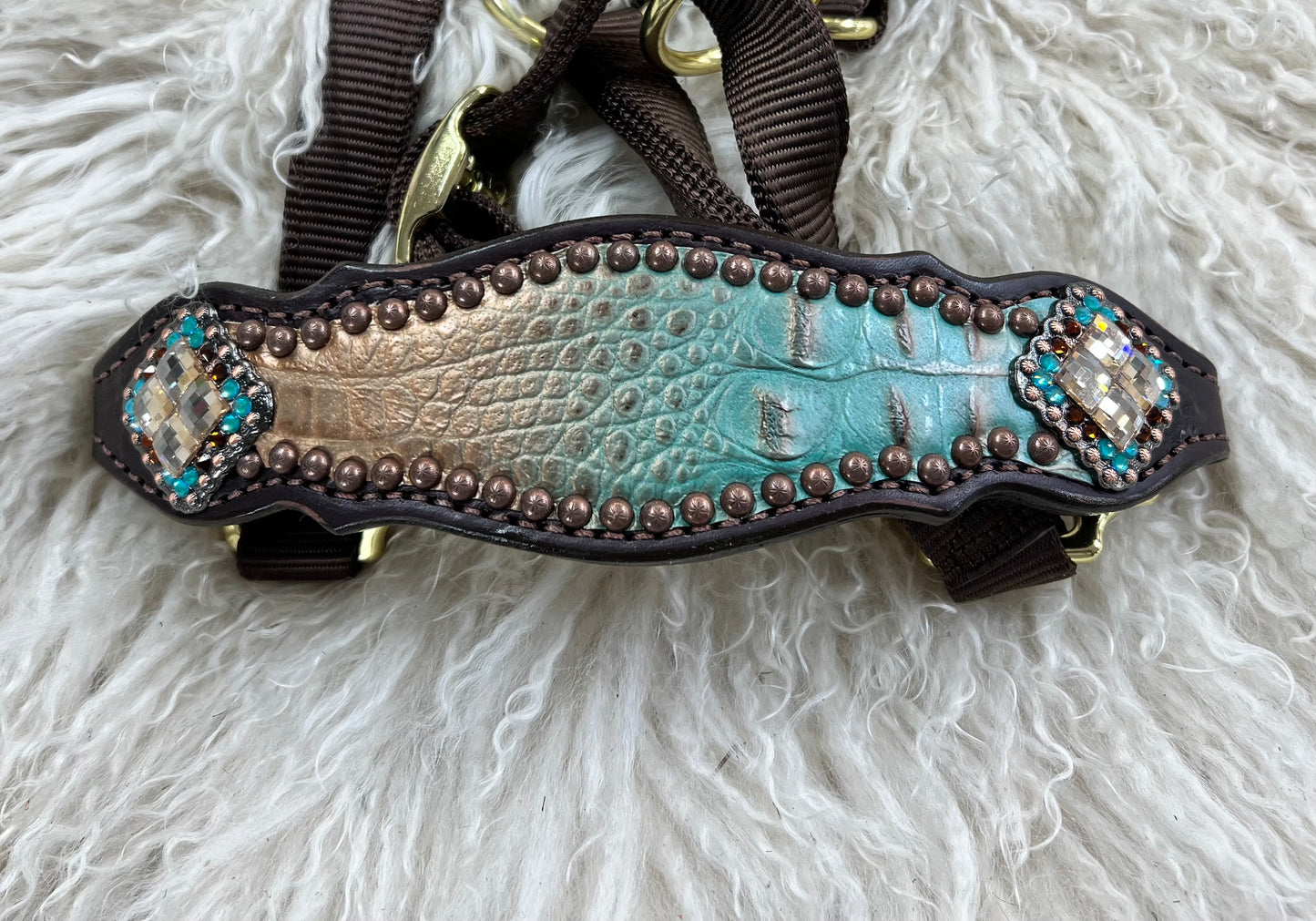 Brown and teal gator on dark leather