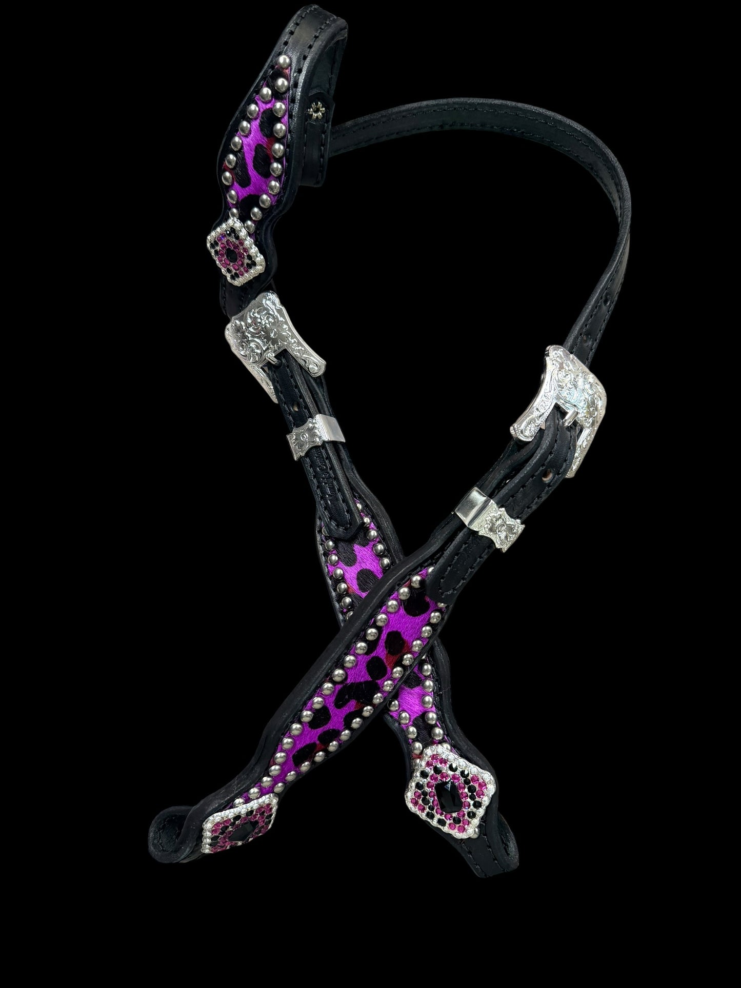 Hot Purple leopard on black leather