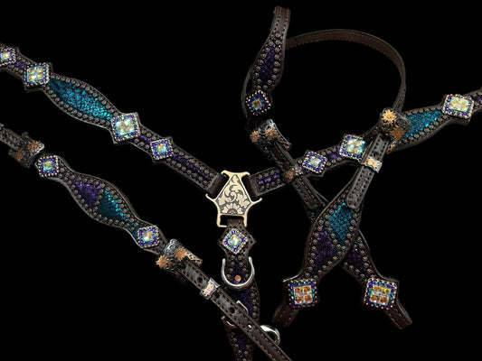 Teal and purple mystic on dark leather