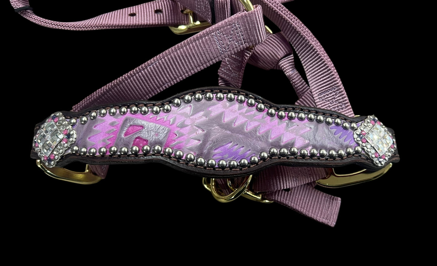 Light pink and purple Aztec on chocolate leather