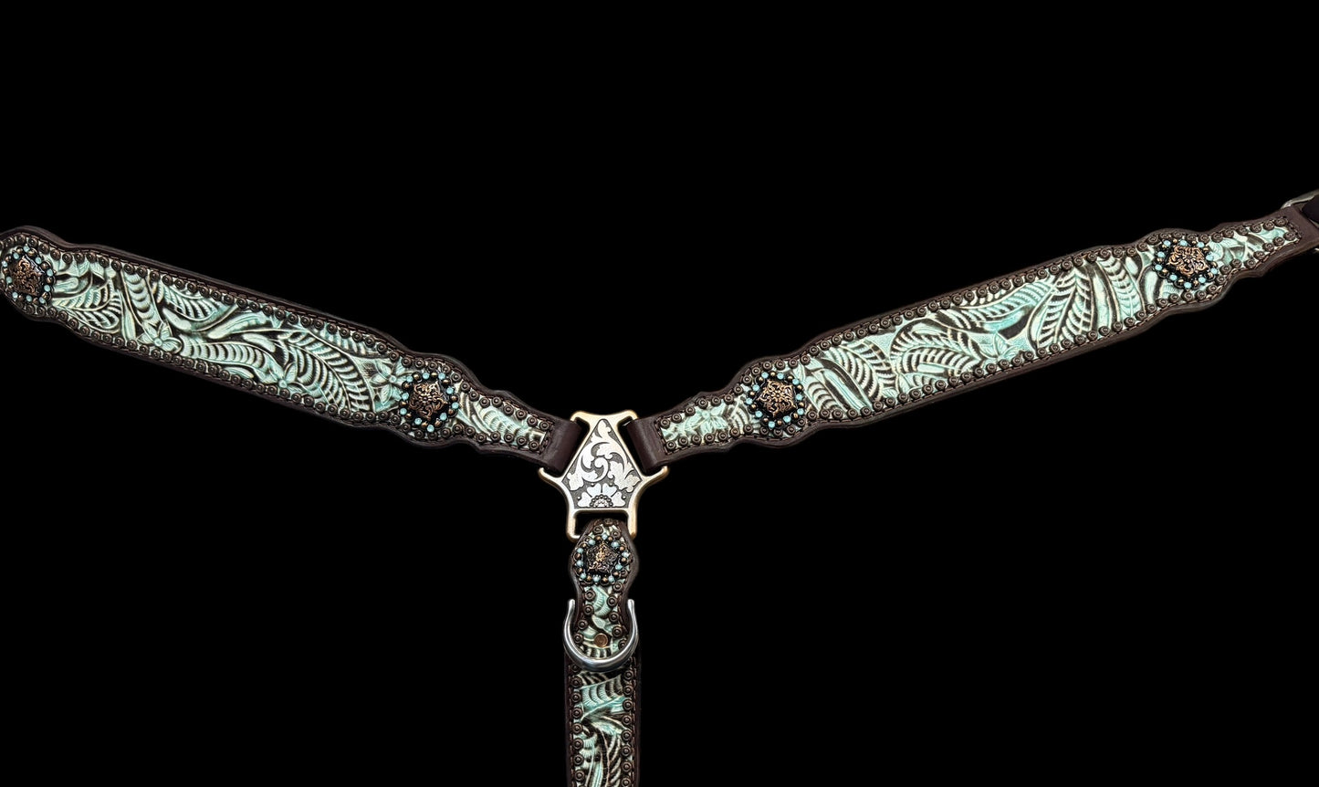 Brown and mint floral on dark leather