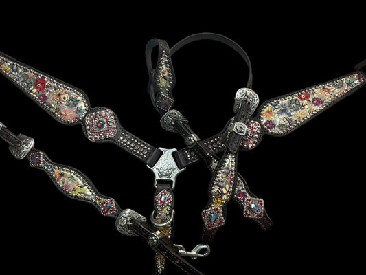 Vintage floral on dark leather