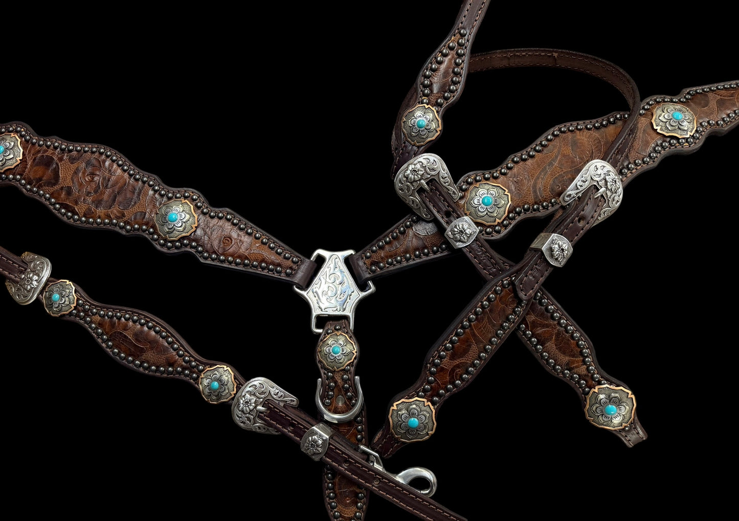 Brown floral on dark leather