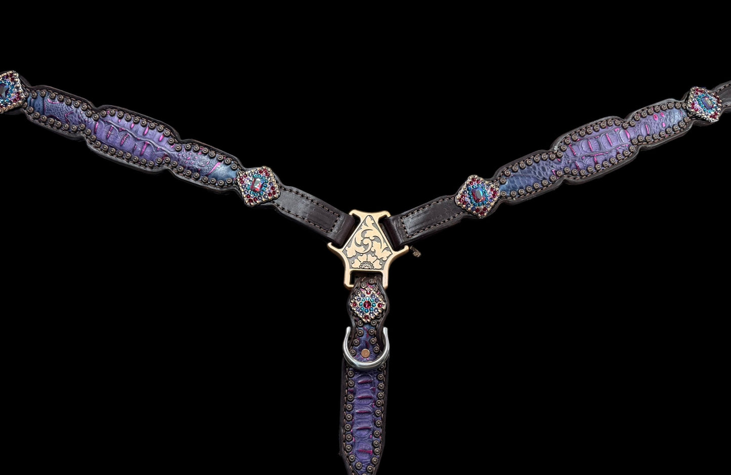 Purple and teal with pink gator and floral on dark leather