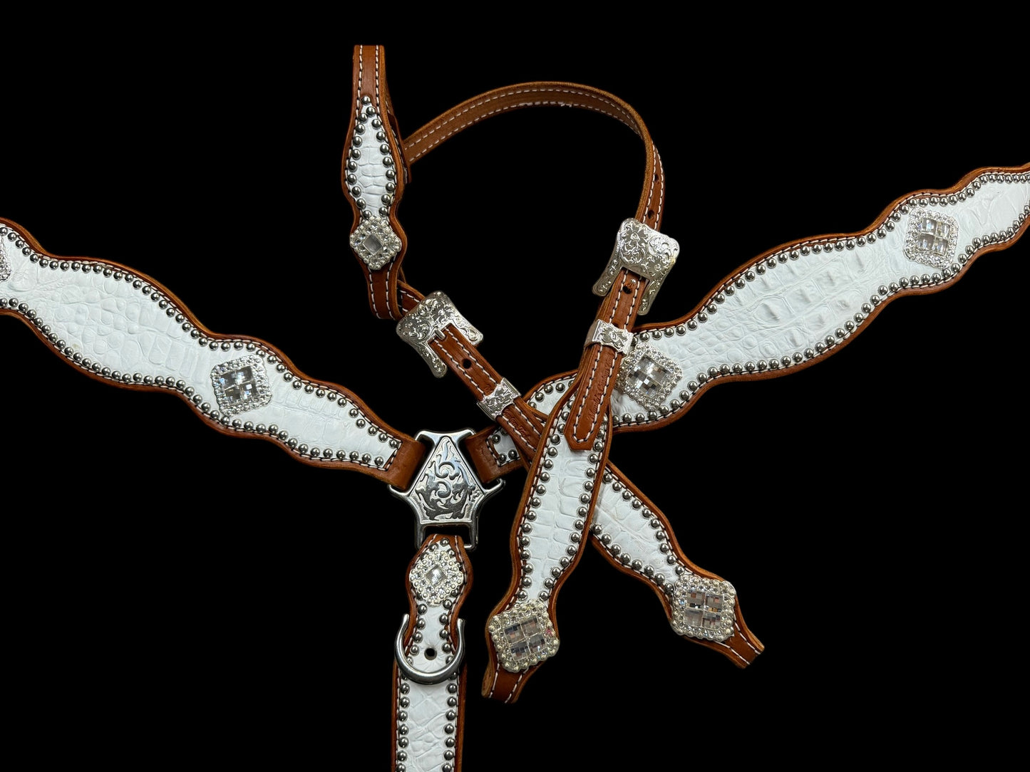 White gator on chestnut leather