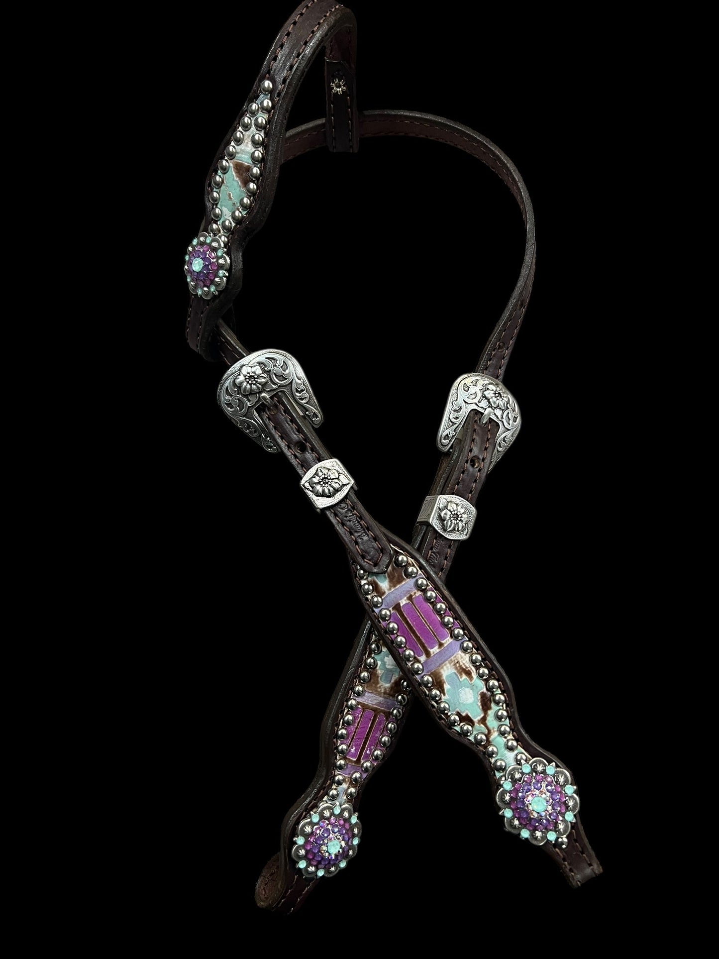 Mint and purple Navajo on dark leather