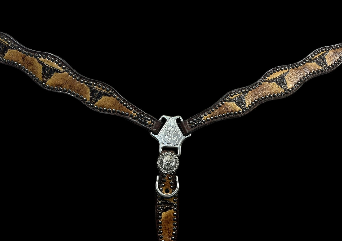 Sepia Longhorns on dark harness leather