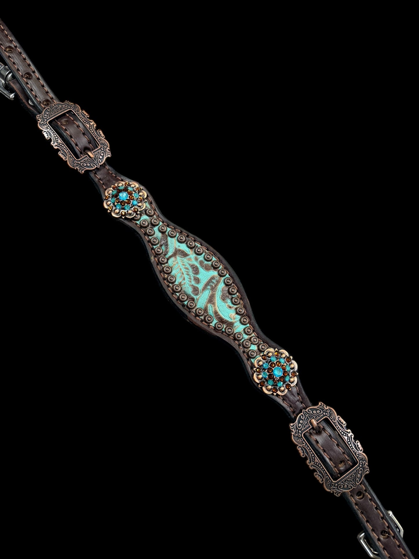 mint and brown floral on dark leather