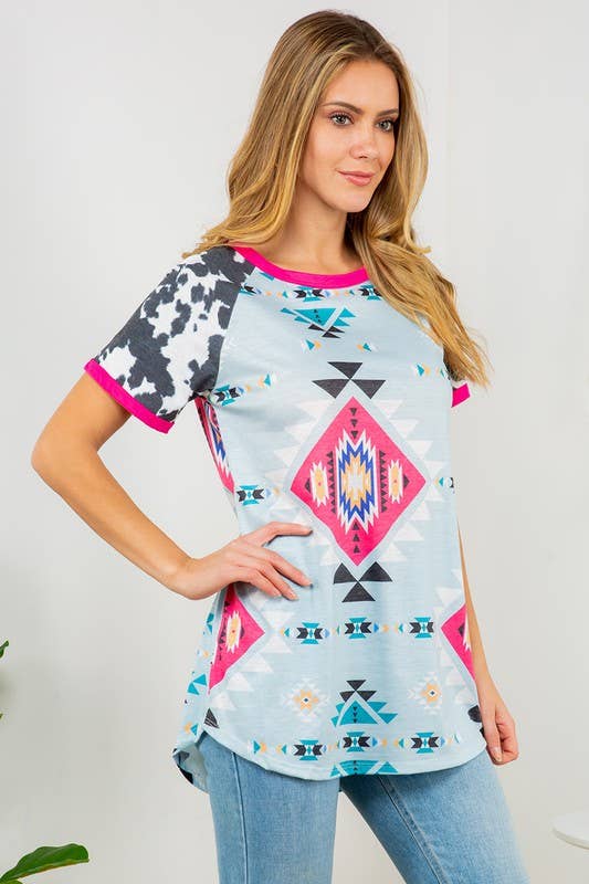 CINDY AZTEC-COW PRINT COLOR BLOCK SS TEE