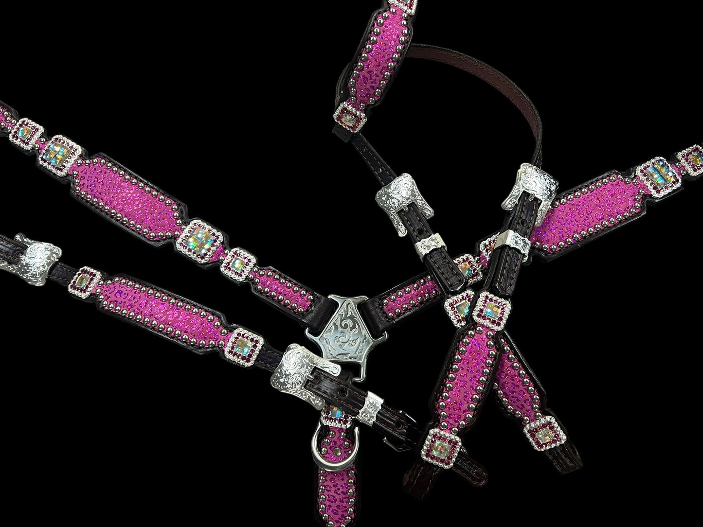 Pink leopard on dark leather