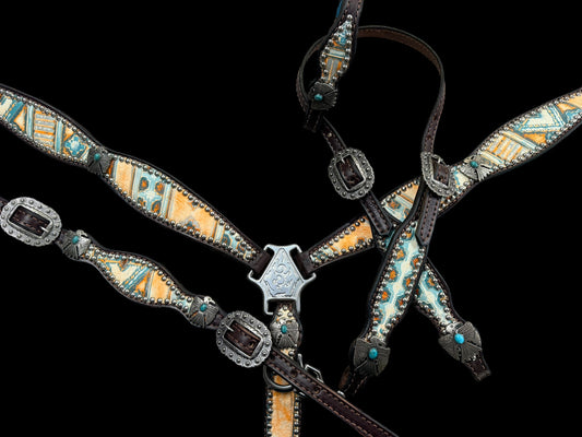 Orange and turquoise navajo on dark leather