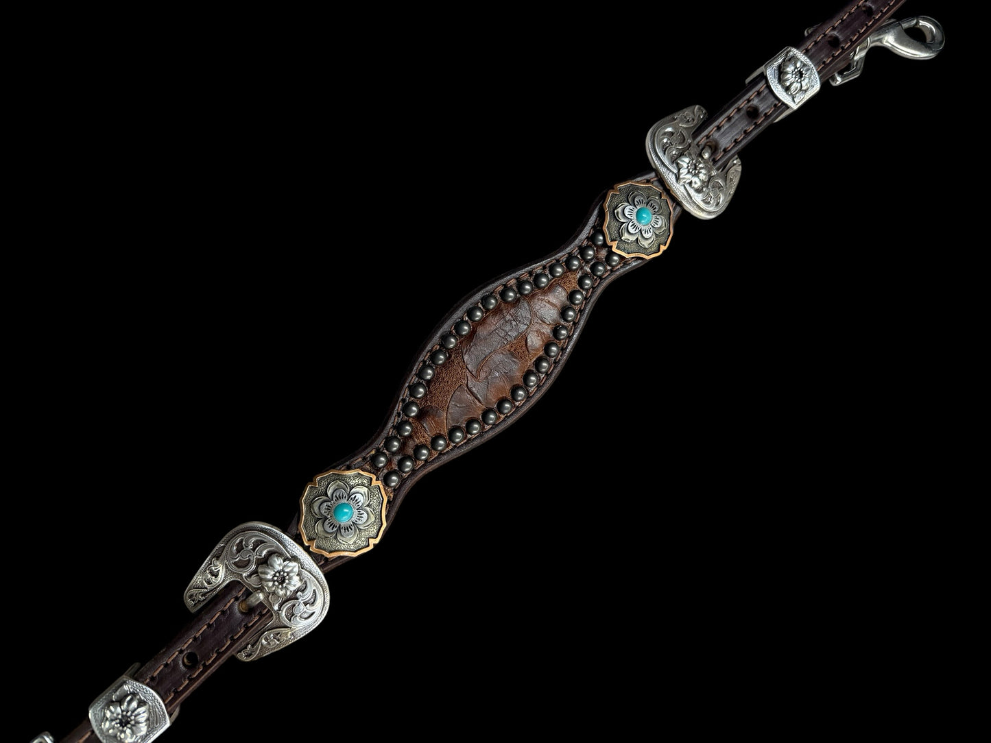 Brown floral on dark leather