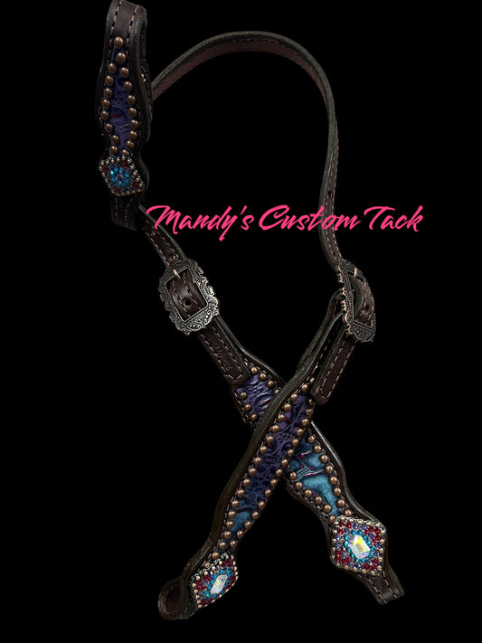 Purple and teal with pink gator and floral on dark leather