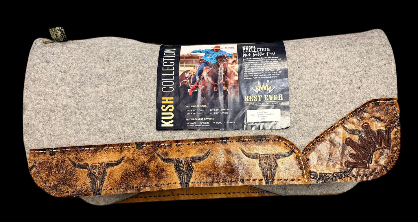 30X30"  1" Kush Sepia Longhorn Crown Emb Buckstitch Best Ever Saddle Pad
