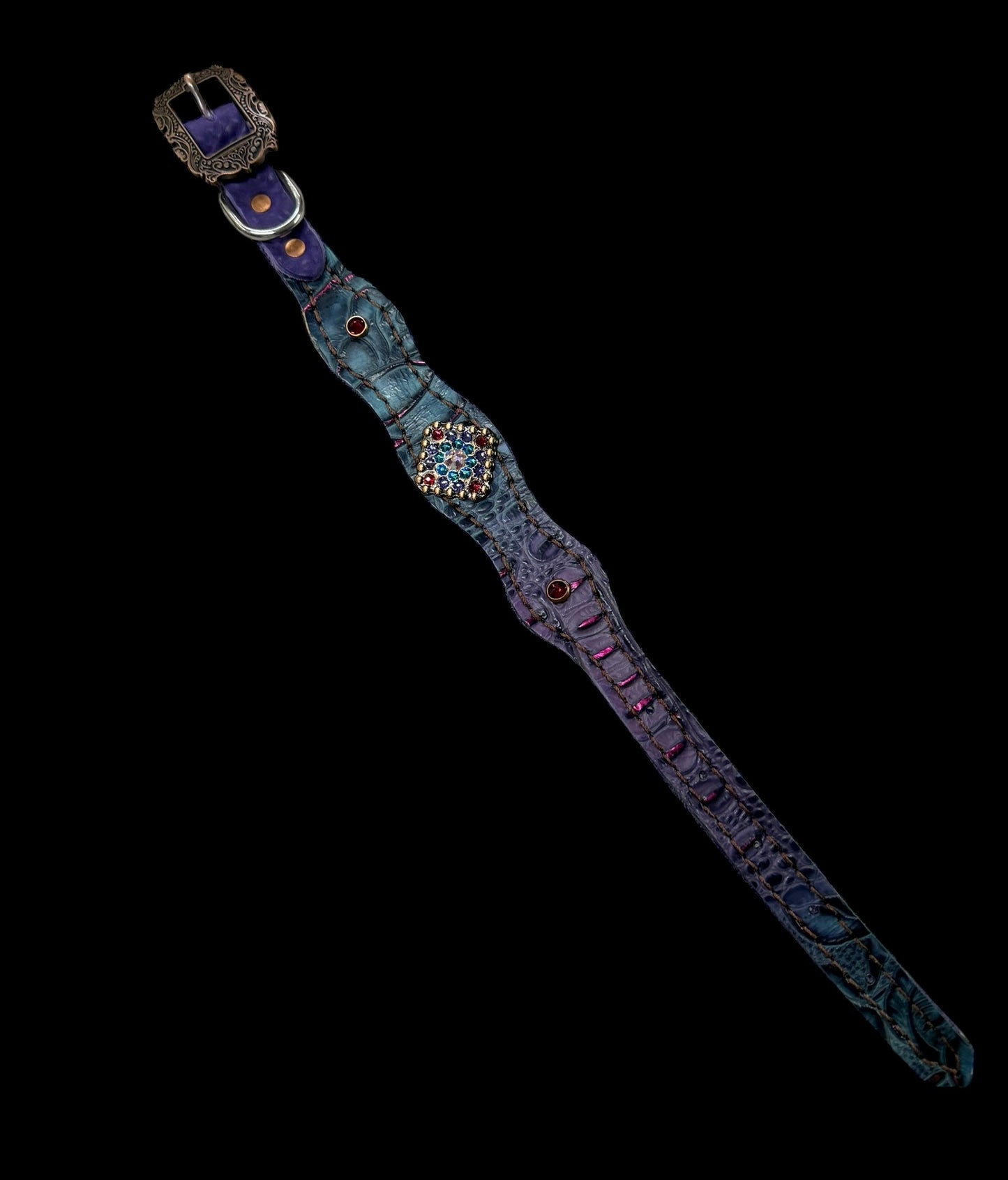 Purple and teal with pink gator and floral on dark leather