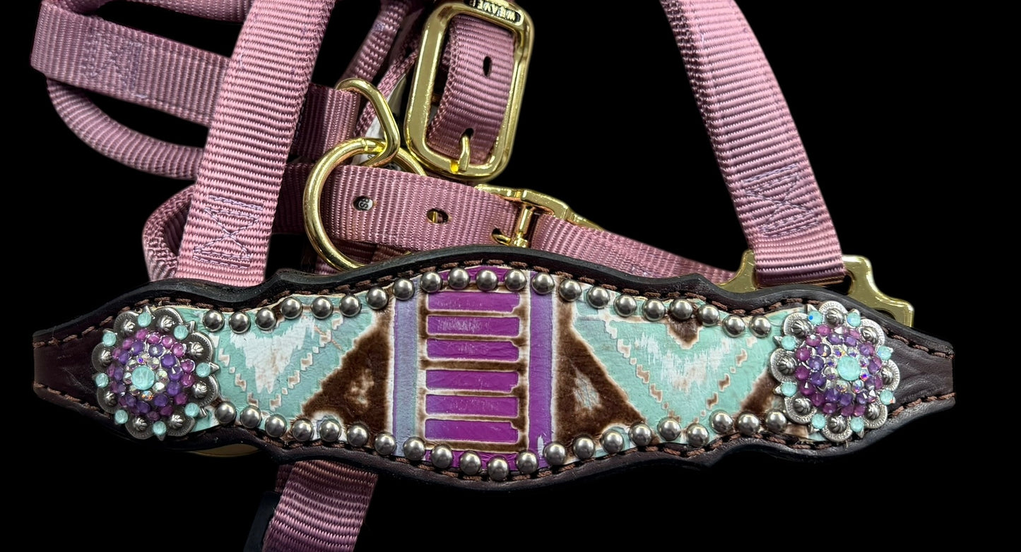 Mint and purple Navajo on dark leather