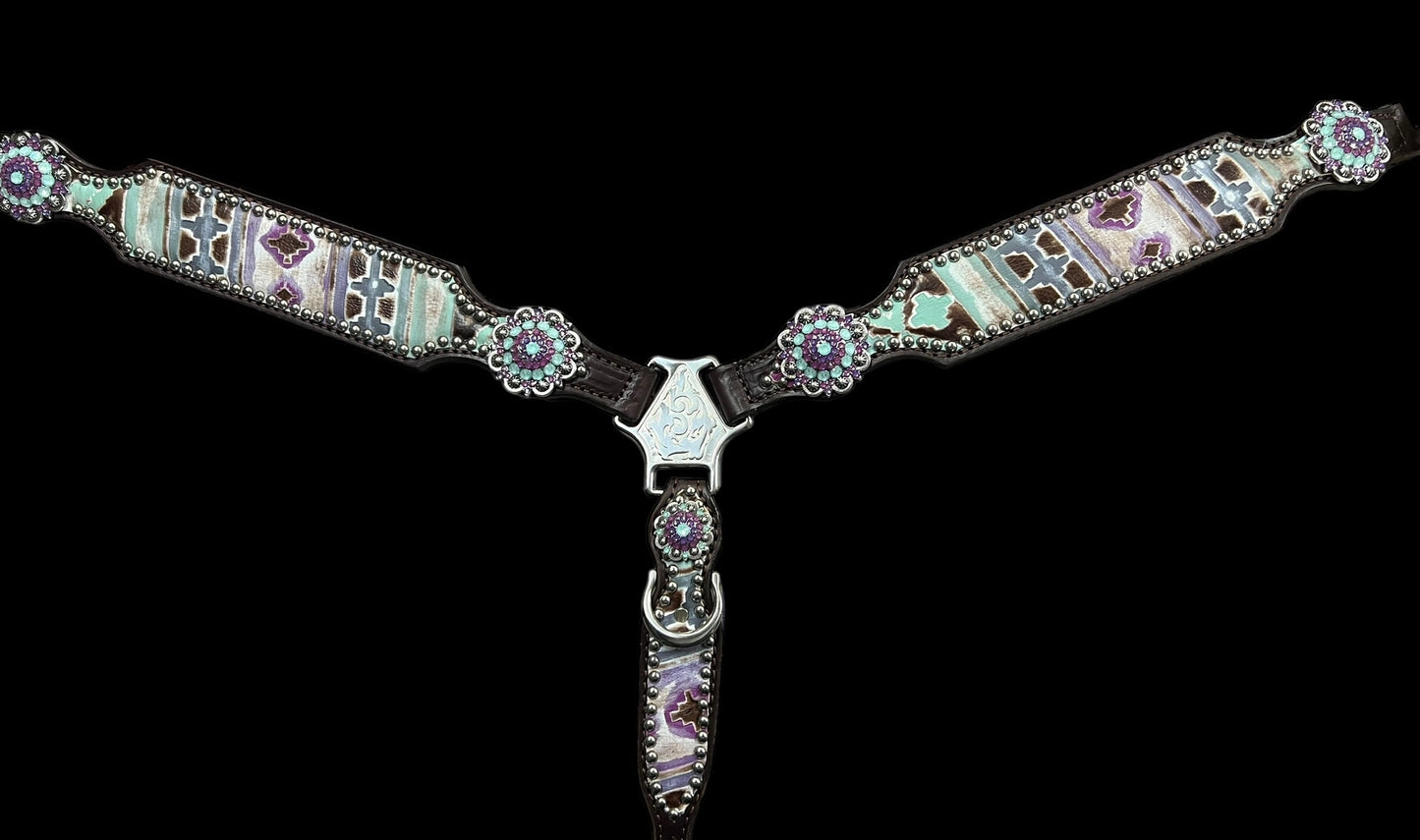 Mint and purple Navajo on dark leather