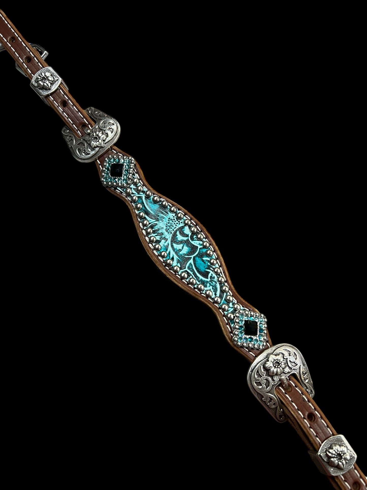 Teal and black floral on medium leather