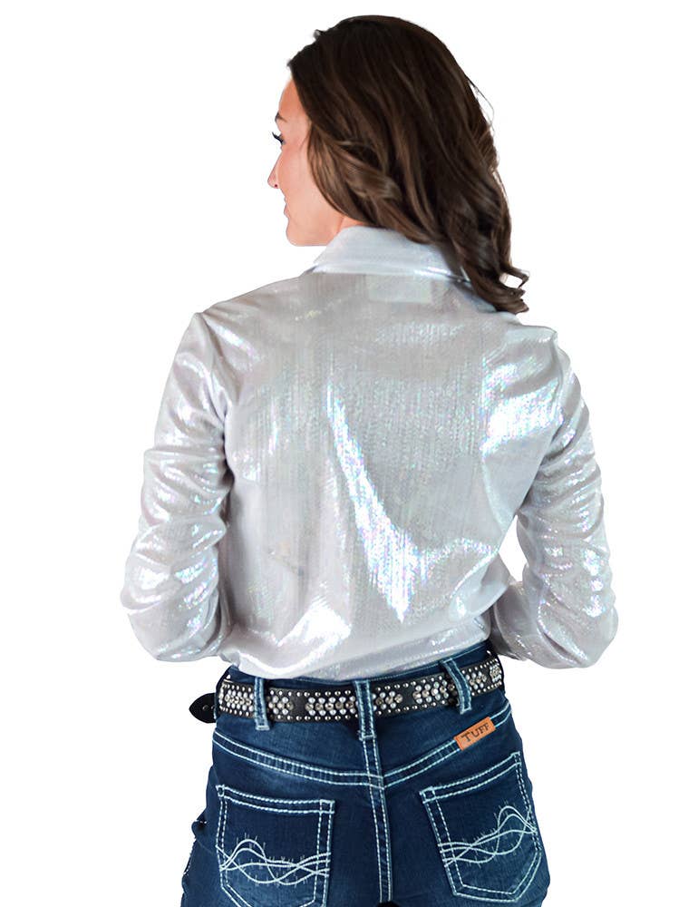 Holographic White Pullover Button-up With Medium Stretch:
