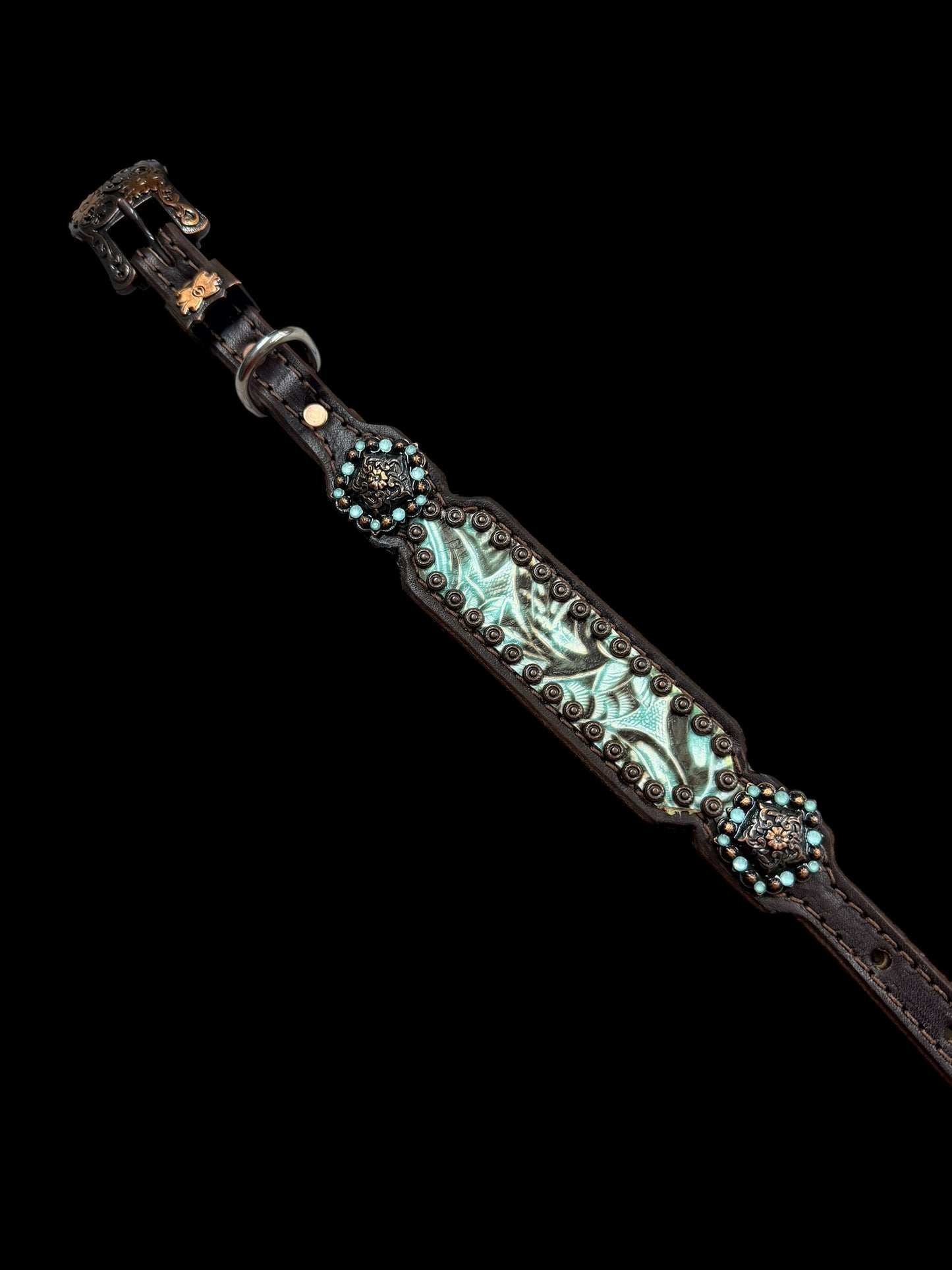 Brown and mint floral on dark leather